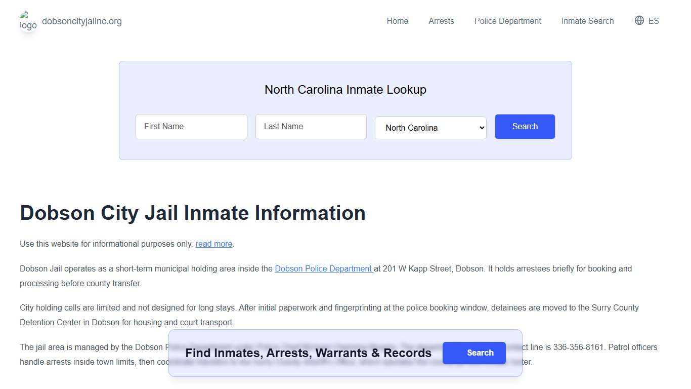 Dobson Jail, NC Inmate Roster, Municipal Jail Info